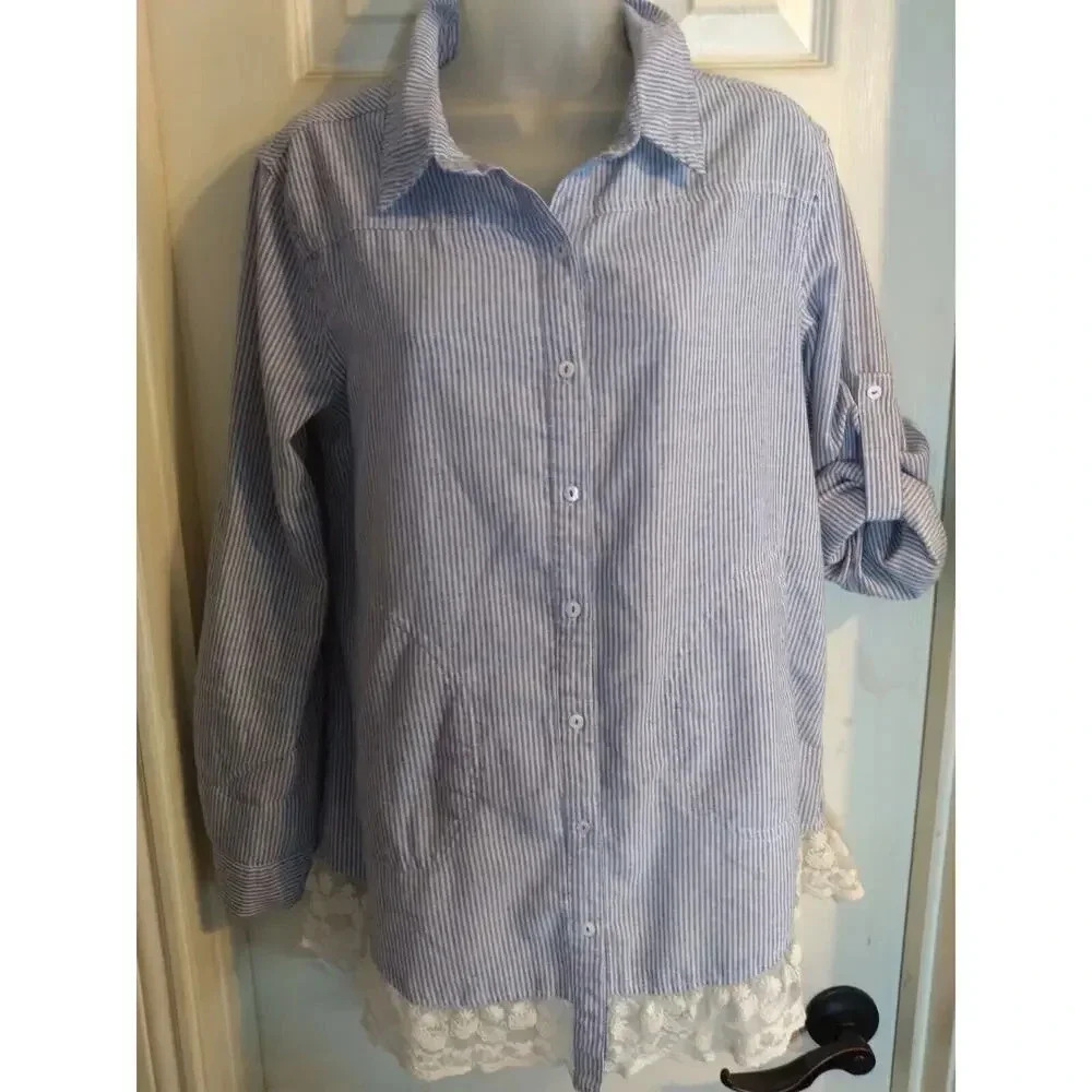 Umgee Button Down Shirt Blue White Stripes Lace Hem High Low Sz S Boho Cottage